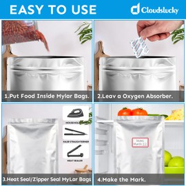 Cloudslucky Mylar Bags 2Gallon 30PCS 17"X13" 10Mil Thick for Food Storage with Oxygen Absorbers&Labels Zipper&Heat seal Food Grade&Long Term,Food Grade Resealable Stand-Up Bags