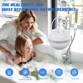 10 Stages Bath Tub Water Filter with 2 Filter Cartridges, FEELSO Bath Tap Water Filter, Water Purifier, Removes Chlorine, Shower Filter for Healthier Skin Hair-White
