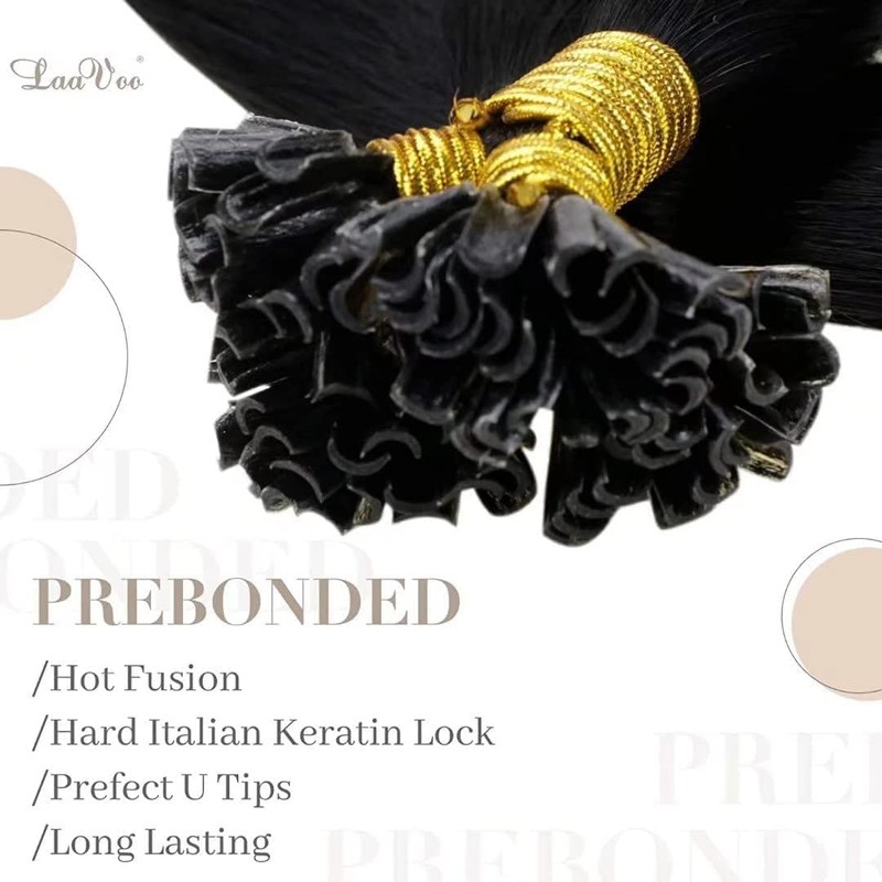 LaaVoo Bonded Real Hair Extensions, Keratin, Remy Hair, Black, 45