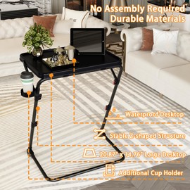 FRESMINT TV Tray Table with Cup Holder Adjustable Folding, TV Dinner Tray for Living Room,Small Space,Office.Portable TV Tray with 4 Height and 3 Angle Adjustments, Black
