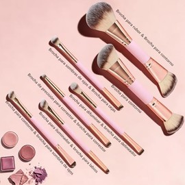 Brochas de Maquillaje, 7 Brochas Maquillaje Premium de Doble Punta (Plana/Acodada/Redonda Acodada/Cónica) para Pulir Líquidos, Cremas, Polvos, Difuminar y Contornear el Rostro(Oro rosa)