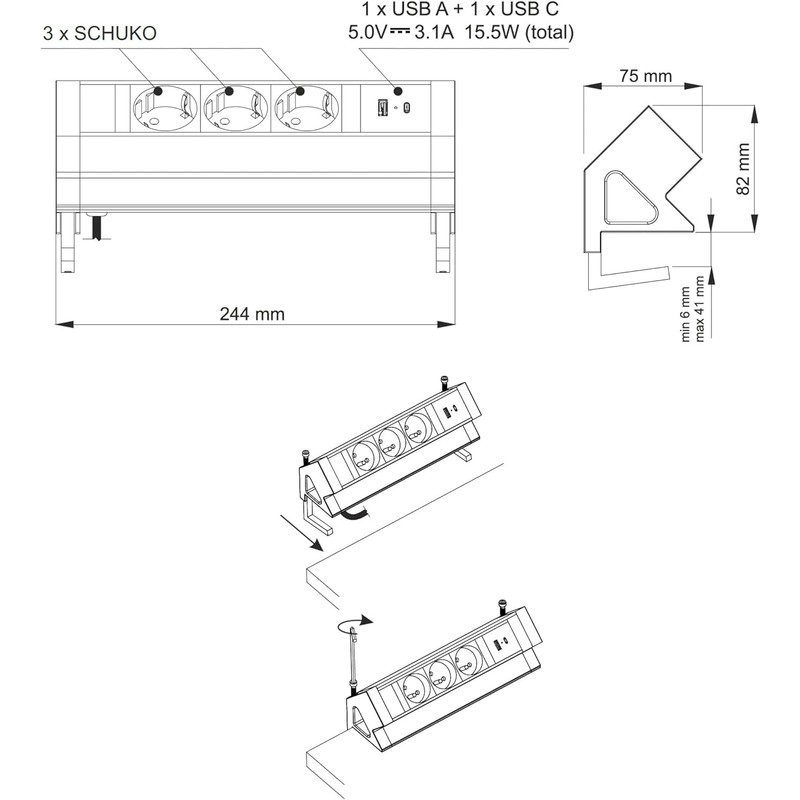 Aluminium surface-mounted socket 3-way, USB-A USB-C, clamp mounting