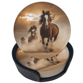 Aicreat 6 Pcs Running Horse Leather Coasters for Drinks with Holder Coaster Sets Drink Table Cup Coasters for Living Room Kitchen Coffee Car Decor