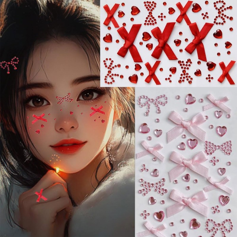 2pcs Cute Face Stickers Heart Ribbon Glitter Nail Deco Parts