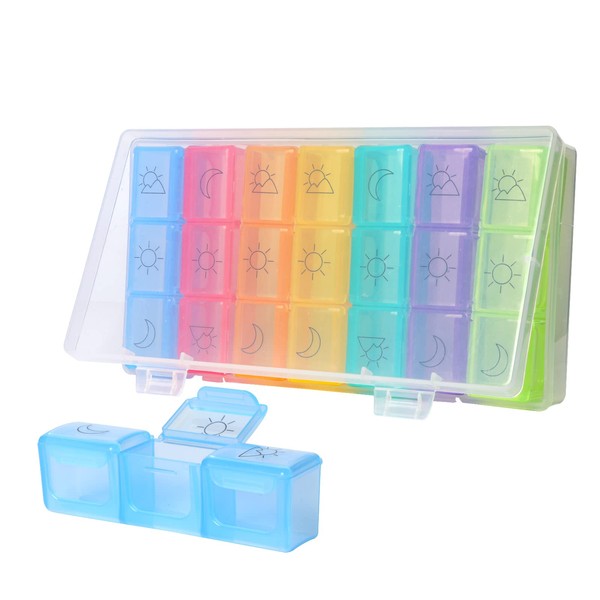 Large Weekly Pill Box Daily Dispenser and Reminder, Portable Travel Pill Organizer, Detachable Pill Box, Easy to Carry Pill Case, for Vitamin/Pill/Fish Oil (3 Times a Day)