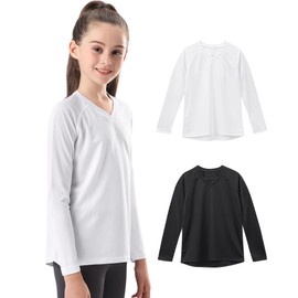 Stelle Youth Girls Athletic Performance Long Sleeve Shirts V Neck Moisture Wicking Base Layer Undershirt(Black+White,M)