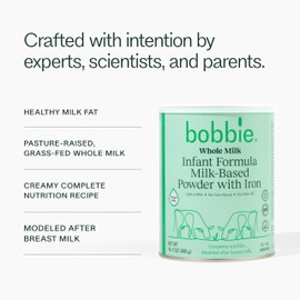 Bobbie Whole Milk, Grass Fed Infant Formula with Iron, Plant Based DHA and ARA, Vitamin D and Protein Blend Modeled After Breast Milk, For Newborn Baby to 12 Month Old, 14.1 oz