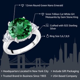 Gem Stone King 5.94 Cttw Green Nano Emerald and White Moissanite 3-Stone Ring For Women In 925 Sterling Silver | Round 12MM | Trillion 5MM | Available In Size 5, 6, 7, 8, 9