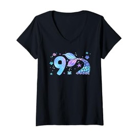 Womens 9th Birthday Shirt Girl Nine 9 Year Old Mermaid Bday Party V-Neck T-Shirt