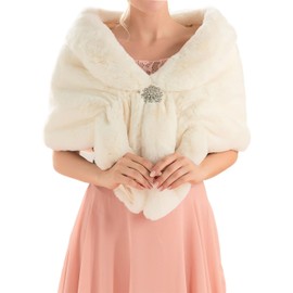 GORAIS Women's Wedding Faux Fur Shawls and Wraps Bridal Fur Scarf Stoles with Brooch for Bride and Bridesmaids (US 16-22(L-2XL), D Beige)