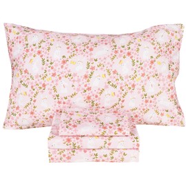 Scientific Sleep Pink Flower Floral Rabbit Bunny 100% Cotton 4 Pcs Twin Bed Sheet Set Kids Toddler Teen, Flat Sheet & Fitted Sheet & Pillowcase Kids Bedding Set (Rabbit Flower, Full)