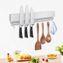 Pailexin 12 Inch Magnetic Knife Holder with 5 Hooks, No Drilling Wall Mount, Powerful Magnet Strip and Utensil Hanger