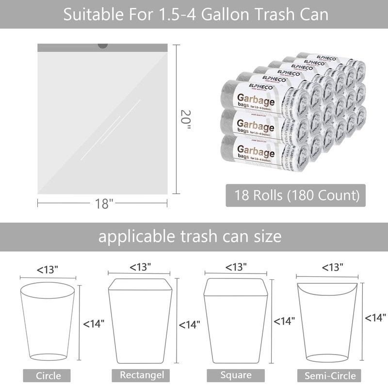 ELPHECO 2.5 Gallon Trash Bags │ 15 Liters Drawstring Garbage
