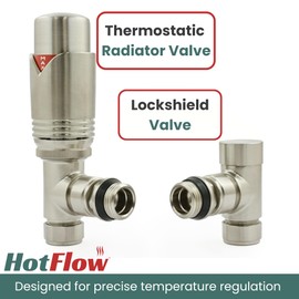 Hot Flow Satin Nickel Marella Modern Thermostatic Radiator Valve Angled TRV. Includes Angled TRV Body, Wheel Head & Lock Shield for Quick & Easy Temperature Control.