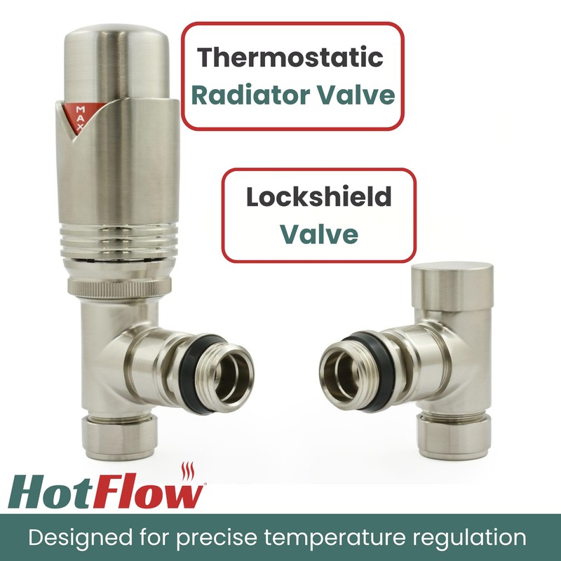 Hot Flow Satin Nickel Marella Modern Thermostatic Radiator Valve Angled