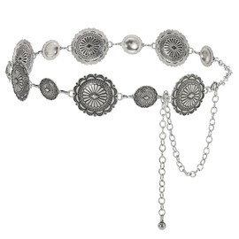 JasGood Women's Concho Waist Chain Belt Fashion Chain Belt Waist Chain Waist Belt Adjustable Metal Belt Gold Women's Western Cowgirl Belt for Dresses, B-silver(double round)