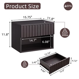 BuildHom Floating Nightstand with Fluted Drawer - Modern Wall Mounted Bedside Table with Open Storage Shelf, Small Night Stand TV Stand for Bedroom(Espresso)