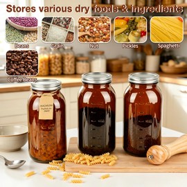 CARBLIN Half Gallon Amber Mason Jars, 3Pcs 64oz Canning Container with Lids