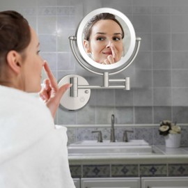 RECKODOR 8 Inch Rechargeable Brass Lighted Magnifying Mirror Wall Mounted, 1X/5X Double-Sided Bathroom Personal Makeup Mirror with Light, Brushed Nickel