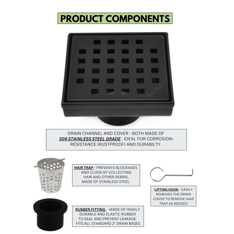 SereneDrains 304 Stainless Steel 4 Inch Square Matte Black Shower