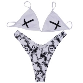 JUMISEE Conjunto de bikini gótico con estampado de calaveras para mujer, 2 piezas, cintura alta, bandeau, Blanco (White Skull), S