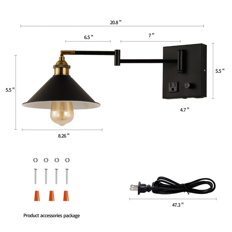 Bedside Wall Mount Light with Dimmable Switch and Outlet, Swing