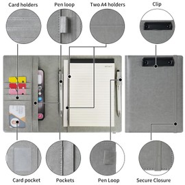 Wonderpool Faux Leather Clipboard Partfolio Recipe Binder Notepad Forms Holders Document Case - Interview Planner Meeting Writing Padfolio File for Office Travel School (Grey, A5)