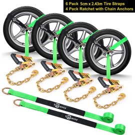 Trekassy Green Lasso Car Wheel Tie Down Ratchet Straps with Premium Chain Anchors 4 Pack