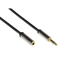 PYTHON Series Premium Audio AUX 3.5 mm Jack Extension 4-Pin - 1 m - Full Metal Plug with 2 mm Step for Protective Cases to Socket - Gold-Plated Connectors - Copper Conductor - Textile Braid - Black