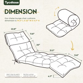 Tycdiose Outdoor Chaise Lounge Chair Cushion Waterproof 74.4 x 22 x 4.7 Inches Memory Foam Lounge Chair Cushions Replacement for Outdoor Furniture with Ties, Thickened Pool Lounge Chair Cushion, Green