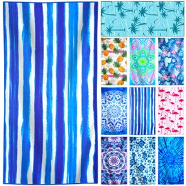 Genovega Microfiber Lightweight Thin Overysized Beach Towel Compact Sandproof Clearance Towels Quick Dry Sand Free Swim Pool Camping Blanket Travel Essentials Accessories Women Men Adults Blue Stripe