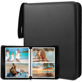Photo Album 5x7 200 Pockets, Zip Photos Binder Album with 50Pcs Double Sided Pocket Sleeves, PU Leather Pictures Albums Folder, Seed Storage Binder Album (5"x7")