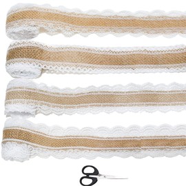4 Rolls x 2 m Jute Ribbon with Lace, Lace Ribbon Vintage Decorative Ribbon for DIY Crafts Christmas Decoration Wedding Party Crafts Gift Ribbon