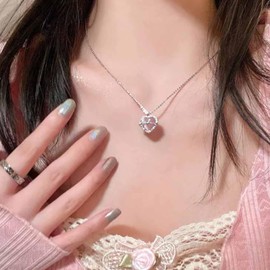 Xmsrn Vintage Crystal Heart Love Necklace Puffy Heart Love Pendant Necklace Pink Love Heart Necklace Rhinestone Heart Chain Necklace for Women