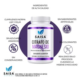 Citrato De Magnesio 500 Mg  120 Cápsulas  100 Puro  Saisa Herbal  Relajante Muscular Natural  Mejora Sueño y Estrés