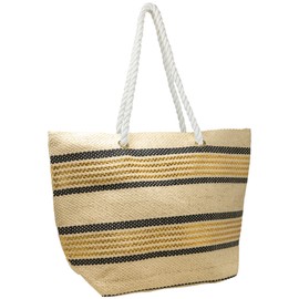 Funky Junque Women's Hello Summer Beach Tote Bag, Paper Straw Handbag with Waterproof Lining and Rope Handles - Stripes - White/Navy/Gold