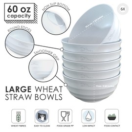 DINETHICS 6 Wheat Straw White Bowl 60 OZ - Deep Microwave Safe Bowls For Kitchen - Alternate To Large Plastic Salad Bowl Set Of 6 - PHO Bowls For Soup Cereal Salad Rice Pasta Popcorn Snack