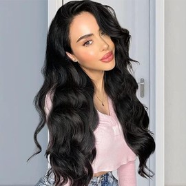 Creamily 13x3 Black Lace Front Long Wavy Wigs for Black Women, Long Black Curly Wavy Synthetic Lace Front Wigs for Women Natural Hairline Full Hair Daily Party Use 26 Inch