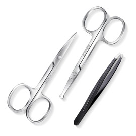 Facial Hair Small Grooming Scissors for Men Women-Curved and Rounded Nose Hair, Eyebrow, Mustache, Eyelashes, Beard Trimming Scissors Kit-Safety Blunt Tip Baby Nail Scissors with Eyebrow Tweezers Set