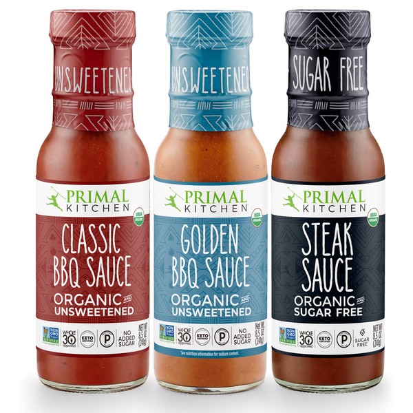 Primal Kitchen Organic Unsweetened BBQ & Steak Sauce Three-Pack, Whole30 Approved, Certified Paleo, and Keto Certified, Includes Classic BBQ, Golden BBQ, and Steak Sauce