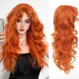 Tseses Orange Curly Long Wigs for Women with Bangs Natural Shag Wavy Fluffy Wig Synthetic Ginger Hair Wig for Cosplay Daily Use