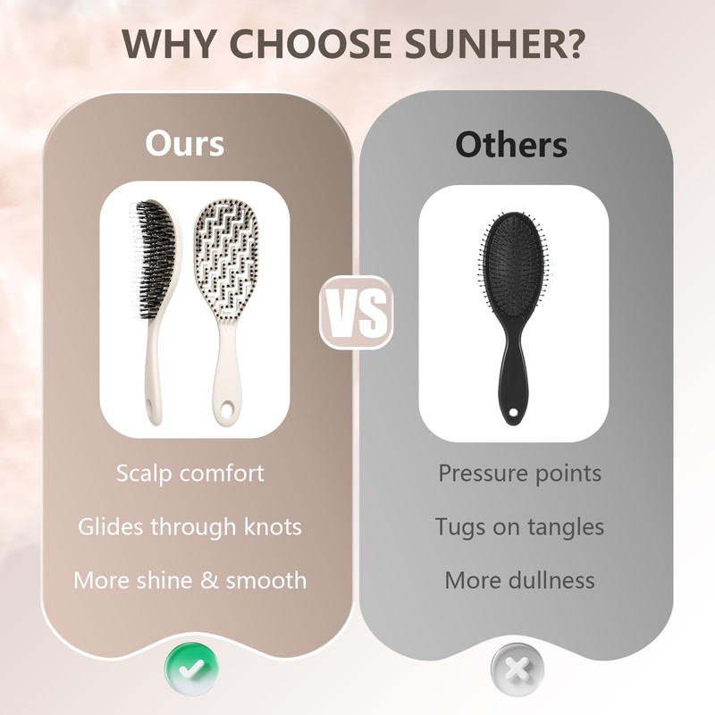 Boar Bristle Hair Brush, Curved Vented Brush for Wet Dry