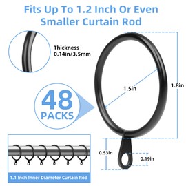 Manysky Curtain Rings with Flat Eyelets, 48 Pack Metal Drapery Rings Curtain Hanging Rings for Pinch Pleat Curtains Panels, 1.5 Inch I D, Drape Rings Fits Up to 1.2 in Curtains Rod, Black