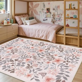 Lahome Fall Floral Bedroom Rug 8x10 Under Bed Decor,Boho Apricot Warm Carpets for Living Room,Washable Stain Resistant Area Rugs for High Traffic,Nursery,Dorm