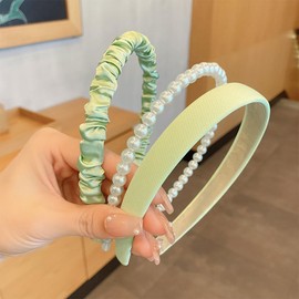 EIOAUY 3Pcs White Pearl Headbands for Women Girls Non-Slip Padded Headband Cute Vintage Hair Band Wedding Stylish Hair Accessories (Green, 3Pcs)