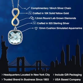 Gem Stone King 925 Sterling Silver Sky Blue Simulated Aquamarine and White Lab Grown Diamond Pendant Necklace for Women | 6.08 Cttw | Gemstone March Birthstone | Cushion 12MM | With 18 Inch Chain
