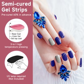 DUKASOU Semi Cured Gel Nail Strips - 28Pcs Gel Nail Stickers for Women Work with Any UV Nail Lamps(Not Include), DIY Gel Nail Wraps for Home, includes Prep Pads, Nail File & Wood Stick(Sapphire)