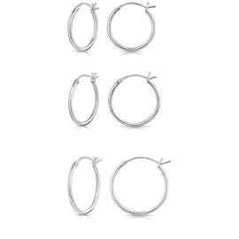 DTPsilver® 3 Pairs Tiny Small Medium 925 Sterling Silver Round Hinged Hoop Earrings - Thickness 1.2mm - Diameter: 10, 12, 14, 16, 18, 20mm - Same or Mix Size, Sterling Silver