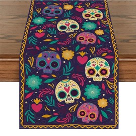 Dia de Muertos Decoracion,Camino de Mesa Halloween, 33 x 183 cm, Camino de Mesa Dia de Muertos. Diseño de Calavera de Azúcar Mexicana, Dia de Muertos, Halloween Decor, Decoración de Mesa (Morado)