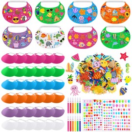 Maiteenly 36 Sets Summer Foam Visor Sun Hats Crafts Kits for Kids Include Assorted Color Foam Hats Rhinestone Felt Stickers and Markers for Boys Girls Crafts Outdoor Sea Party Activities Supplies